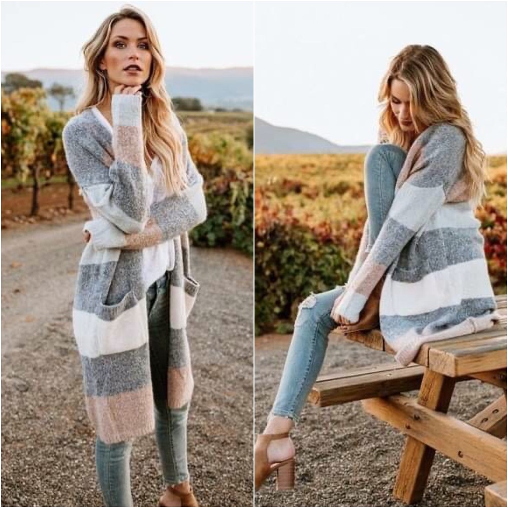 Vici Natural State Striped Pocketed Cardigan